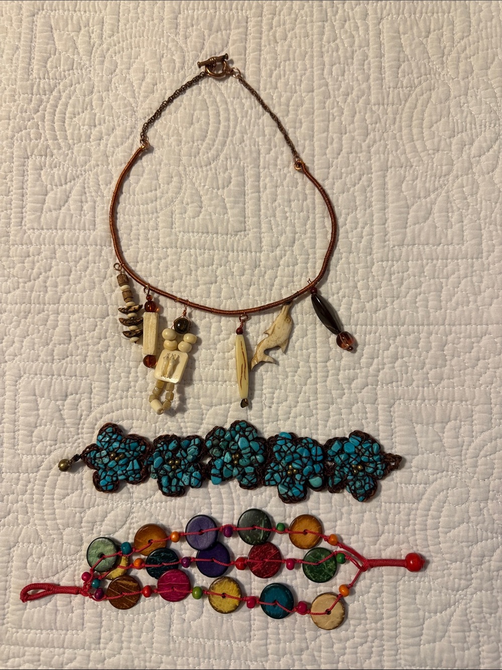 Boho Charm Necklace with Turquoise Flower Bracelet and Colorful Disk Bracelet